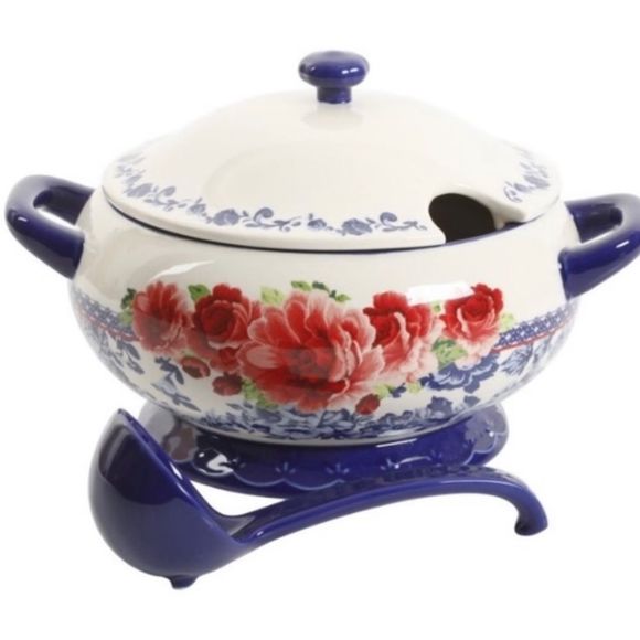 New - The Pioneer Woman Frontier Rose 3.17 Quart Soup Tureen with ladle - Picture 2 of 7